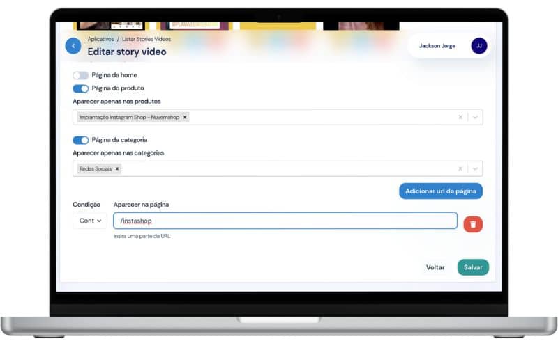 Stories Vídeos - Configurar exibição